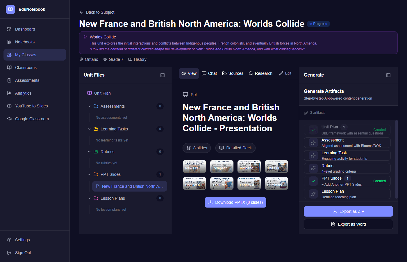 Slide preview grid showing 8 AI-generated full-image presentation slides