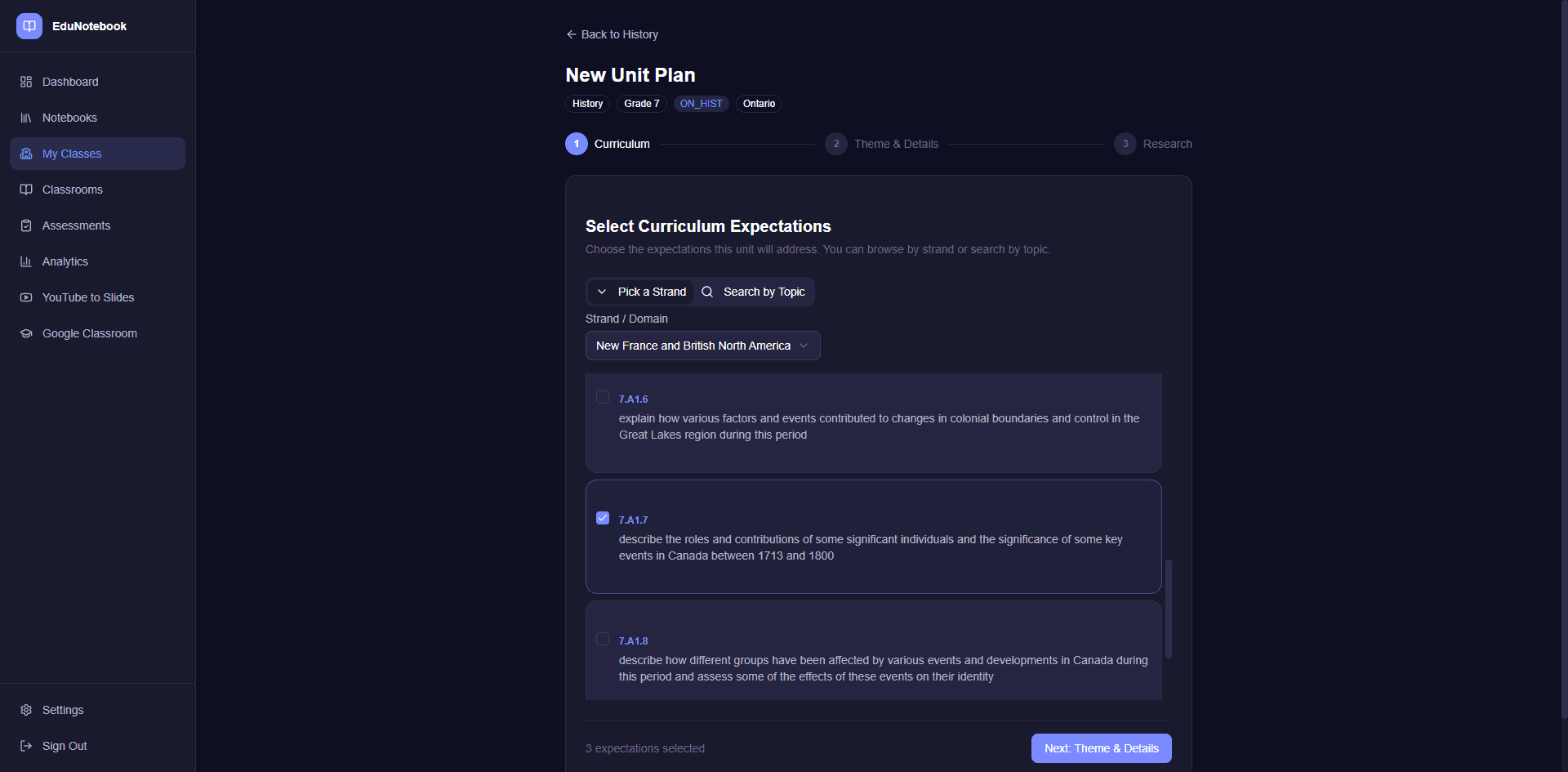 Curriculum strand picker with Ontario History expectations